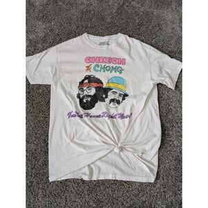 Cheech & Chong Graphic T-Shirt White I'm Not Home Right‎ Now Front Knot S/M